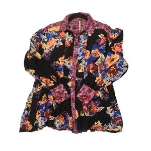 Free People Floral Mixed Print Peplum Blouse Boho Ruffle Hem Top XS